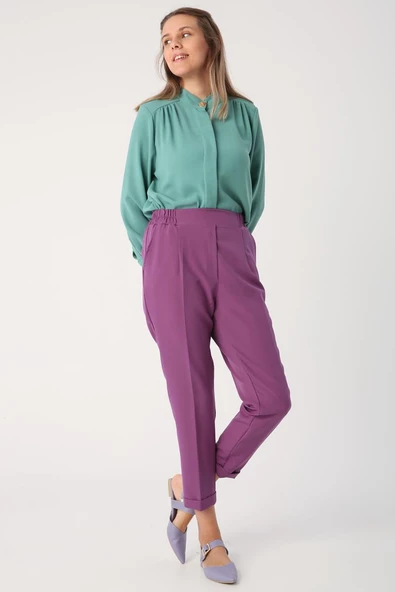 Koyu Mor-Beli Lastikli Havuc Pantolon - Resim 2