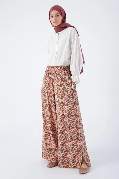 Somon-Kiremit-Baskılı Paçası Yırtmaçlı Beli Lastikli Wide Leg Viskon Keten Pantolon ürün görseli 1