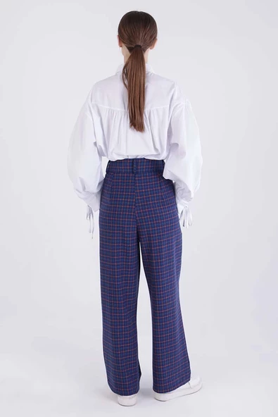 Lacivert-Turuncu-Pileli Ekose Desenli Likralı Palazzo Pantolon - Resim 4