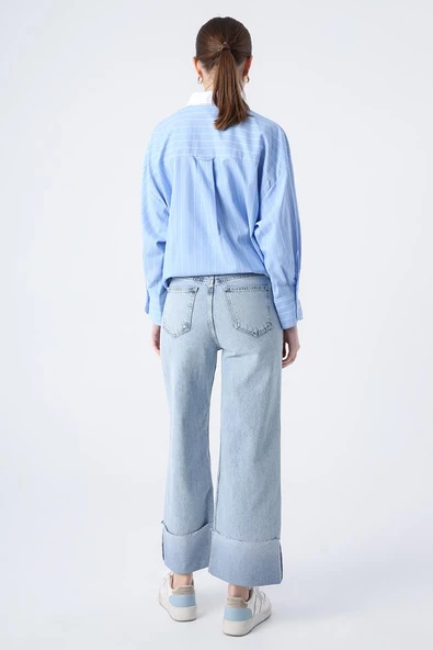 Mavi-%100 Pamuk Yüksek Bel Bol Paça Katlama Detaylı Denim Pantolon - Resim 4