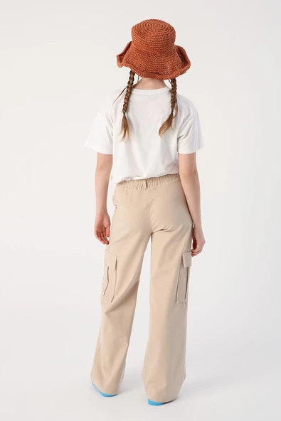 Açık Bej-Pamuklu Kargo Cepli Likralı Bol Paça Pantolon - Resim 4