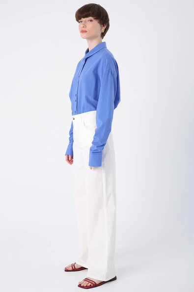 Kırık Beyaz-Pamuklu Bol Paça Cepli Likralı Pantolon - Resim 3