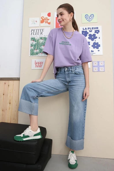 Mavi01-%100 Pamuk Yüksek Bel Bol Paça Katlama Detaylı Denim Pantolon
