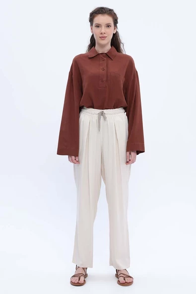 Ekru-Beli Lastikli Geniş Paça Pantolon - Resim 2