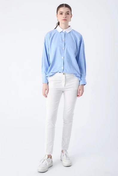 Kırık Beyaz-Pamuklu Ütü İzli Cepli Likralı Dar Paça Pantolon - Resim 2