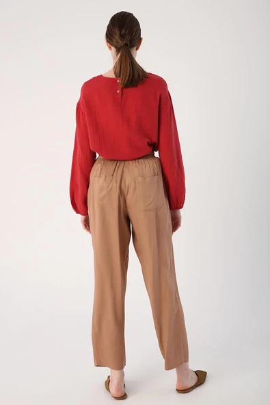 Vizon-Beli Lastikli Geniş Paça Pantolon - Resim 4