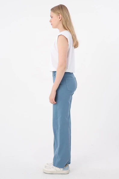 Mavi-Pamuklu Wide Leg Likralı Pantolon - Resim 3