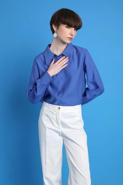 Kırık Beyaz-Pamuklu Ütü İzli Paçası Yırtmaçlı Likralı Bol Paça Pantolon - Resim 5