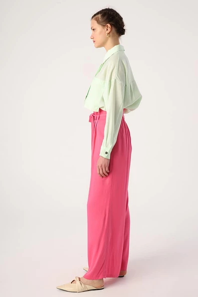 Koyu Pembe-Beli Lastikli Pileli Bol Paça Viscon Pantolon - 3