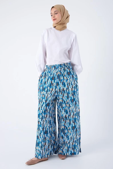Koyu Mavi-Ekru-Baskılı Paçası Yırtmaçlı Beli Lastikli Wide Leg Viskon Keten Pantolon ürün görseli 1