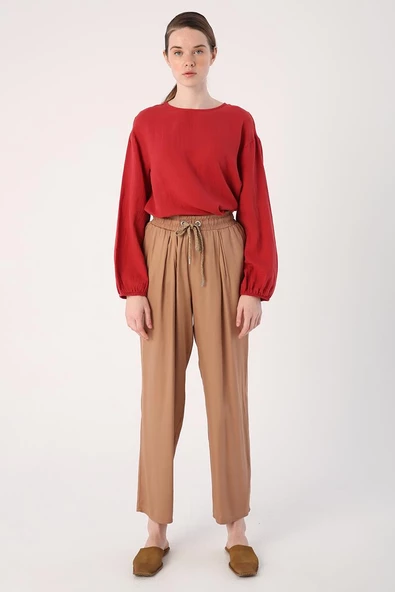 Vizon-Beli Lastikli Geniş Paça Pantolon - Resim 2