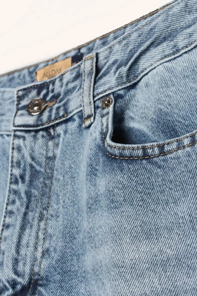 Mavi01-%100 Pamuk Yüksek Bel Bol Paça Katlama Detaylı Denim Pantolon - 5