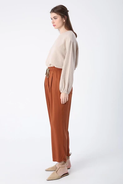 Açık Kahve-Beli Lastikli Geniş Paça Pantolon - 3