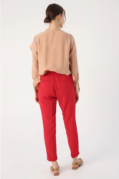 Kırmızı-Beli Lastikli Havuc Pantolon - 4