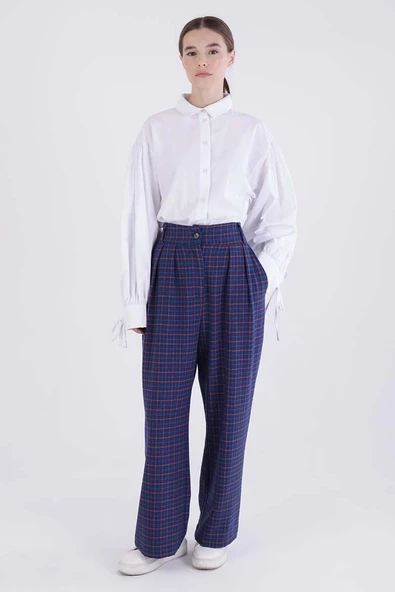 Lacivert-Turuncu-Pileli Ekose Desenli Likralı Palazzo Pantolon - Resim 2