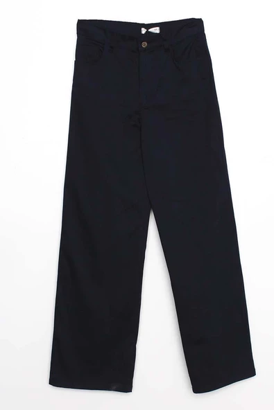 Lacivert-Pamuklu Yüksek Bel Bol Paça Likralı Pantolon - Resim 5