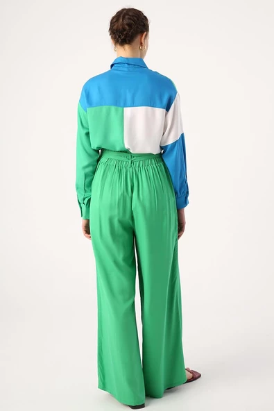 Çimen Yeşili-Beli Lastikli Pileli Bol Paça Viscon Pantolon - Resim 4