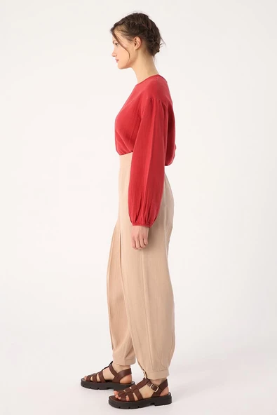 Koyu Bej-Pileli Paçası Düğme Detaylı Pantolon - Resim 3