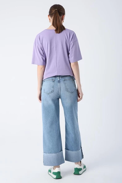 Mavi01-%100 Pamuk Yüksek Bel Bol Paça Katlama Detaylı Denim Pantolon - 4
