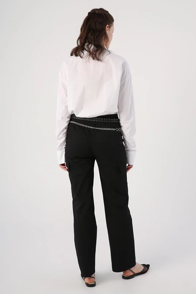 Siyah-Pamuklu Çok Cepli Beli Lastikli Kargo Pantolon - Resim 4