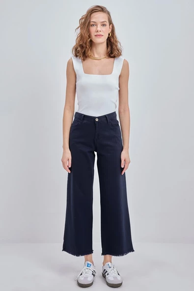 Lacivert-Pamuklu Paçası Püsküllü Pantolon - Resim 2