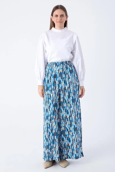 Koyu Mavi-Ekru-Baskılı Paçası Yırtmaçlı Beli Lastikli Wide Leg Viskon Keten Pantolon - Resim 3