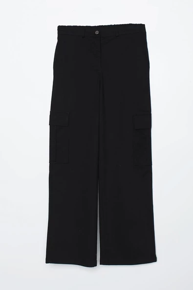 Siyah-Pamuklu Kargo Cepli Likralı Bol Paça Pantolon - Resim 6