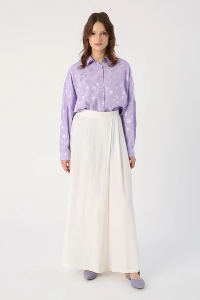 Kırık Beyaz-Beli Lastikli Önü Pileli Bol Paça Pantolon - Resim 2