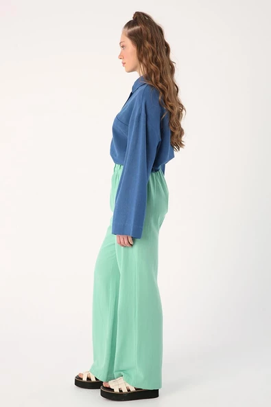 Soft Yeşil-Beli Fırfırlı Bol Paça Viskon Keten Pantolon - Resim 3