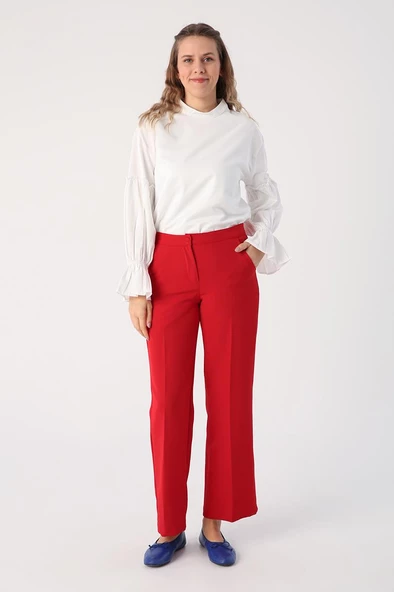Kırmızı-Cepli Bol Paça Pantolon - Resim 2