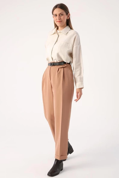 Toprak-Kemerli Duble Paça Pileli Havuç Pantolon - Resim 3