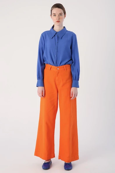 Turuncu-%100 Pamuk Yüksek Bel Bol Paça Pantolon - Resim 2