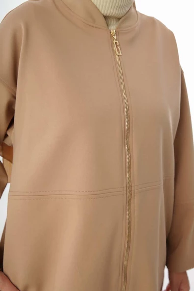 Koyu Bej-Fermuarlı Kolej Yakalı Ceket - 6