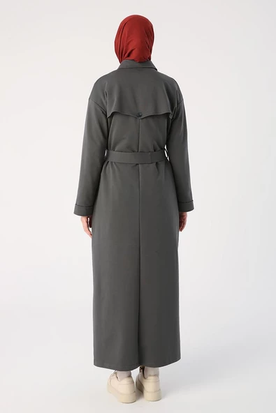 Antrasit01-Kuşaklı Rüzgarlıklı Düğmeli Rahat Kalıp Ferace - 4