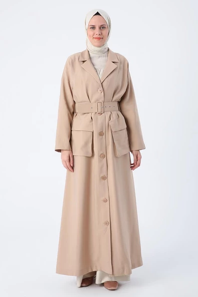 Sütlü Kahve01-Kemerli Ceket Yakalı Düğmeli Ferace - 2