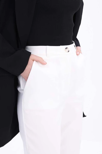 Beyaz-Pamuklu Büyük Beden Kumaş Pantolon - Resim 5