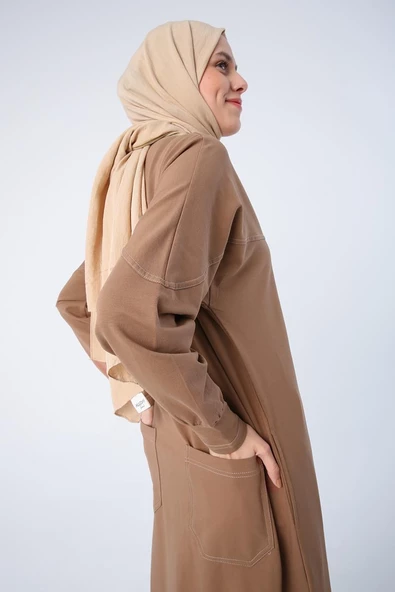 Kahve-Arkası Cepli Hakim Yaka Fermuarlı Likralı Ferace - Resim 5