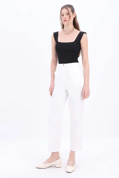 Beyaz-Pamuklu Büyük Beden Kumaş Pantolon - Resim 3