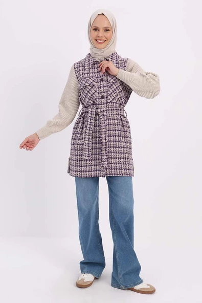 Mor-Triko Garnili Kuşaklı Tüvit Hırka - 2