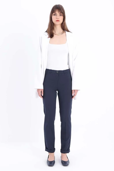 Lacivert-Pamuklu Duble Paça Dar Kesim Pantolon - Resim 2