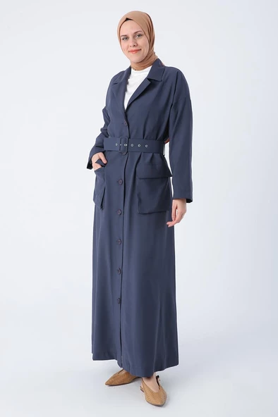 İndigo-Kemerli Ceket Yakalı Düğmeli Ferace - 3