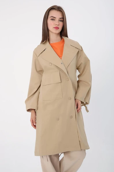 Açık Bej-Pamuklu Kolları Büzgülü Tek Cepli Çıtçıtlı Likralı Kap - Resim 5