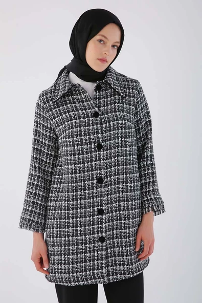 Siyah-Kadife Düğmeli Gömlek Yaka Tüvit Ceket - 5