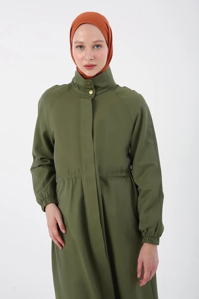 Haki-Fermuarlı Beli Büzgülü Cepli Ferace - 5