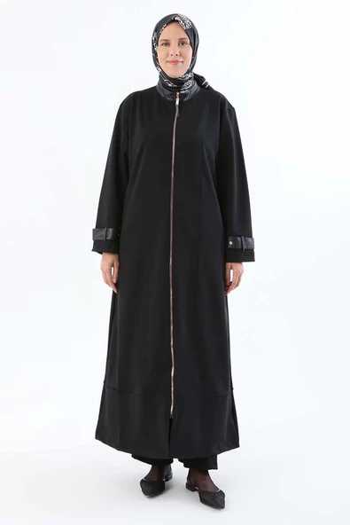 Siyah-Deri Apolet Detaylı Fermuarlı Ferace - 2