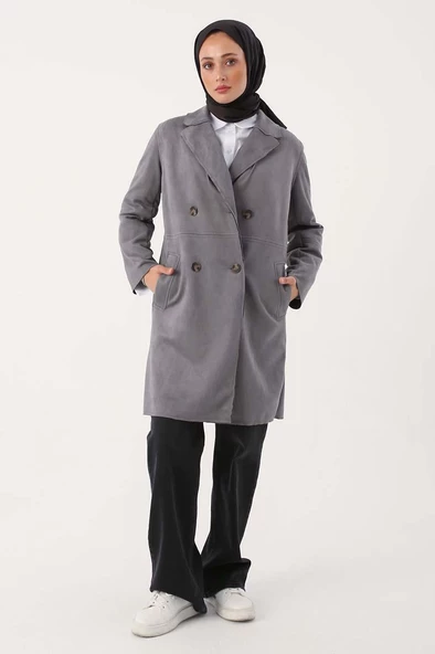 Gri-Süet Kruvaze Blazer Ceket - 2