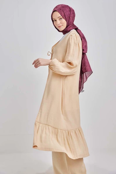 Bej-Eteği Pileli Modal Kimono - 4