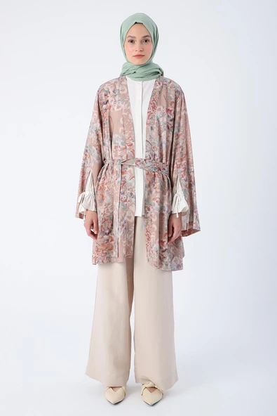 Bej-Kahve-Oversize Kol Yırtmaç Detaylı Kuşaklı Desenli Kimono - Resim 2