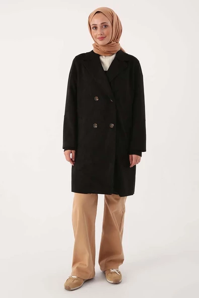 Siyah-Süet Kruvaze Blazer Ceket - 2