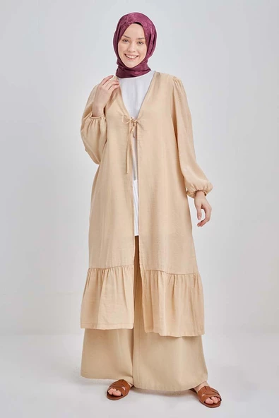 Bej-Eteği Pileli Modal Kimono